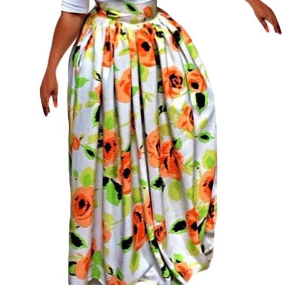 White Orange Flower African Print Floral Maxi Skirt Women's Size XL - Picture 8 of 9